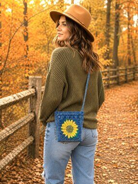 Denim Crossbody Bag Sunflower Theme Handmade Jean Purse Cell Phone Holder